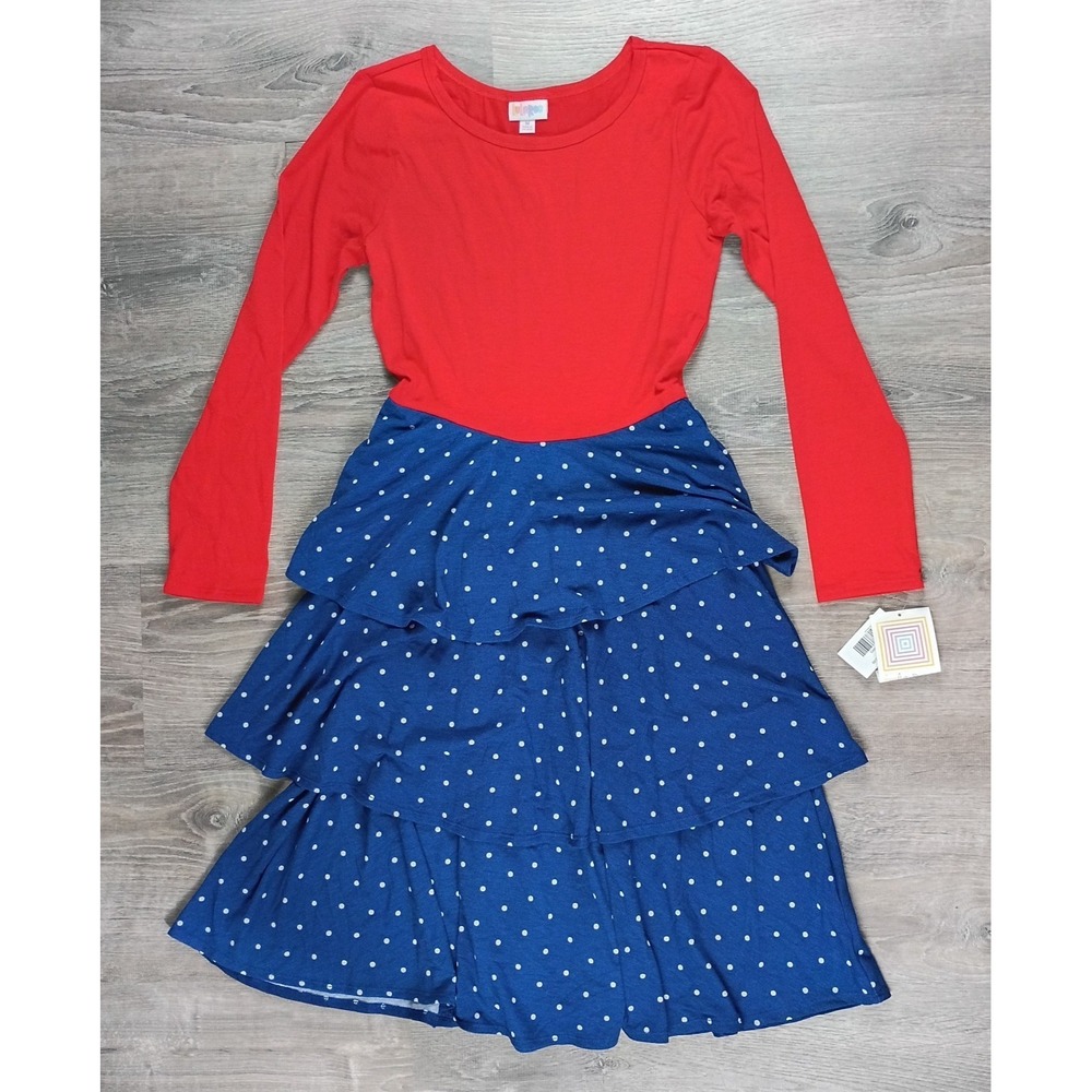 LulaRoe Medium Georgia Ruffle Tiered Dress NEW Red White‎ Blue American Dots